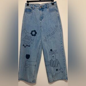 Rare EUC Kina And Tam "Blooming" Cartoon Artwork Denim Jeans Women's Size 31